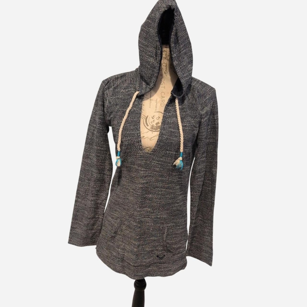 NWOT Roxy Navy & White Marbled Pullover Wide Cuff Hoodie Sweatshirt Large